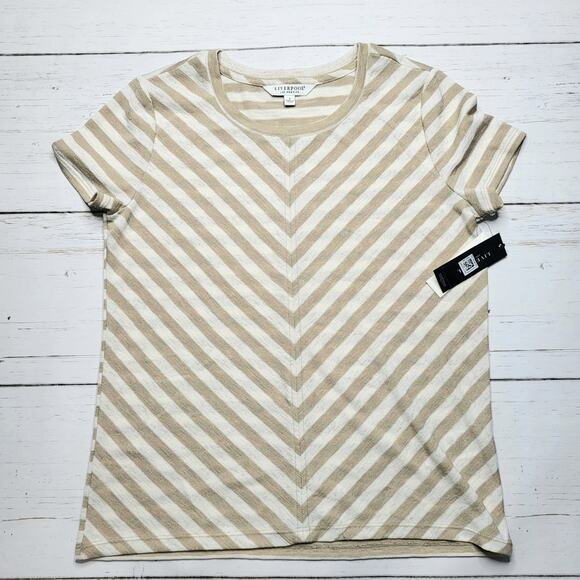 Liverpool Chevron Crewneck Tee Shirt Short Sleeve Top Stripe Beige White Small - Picture 3 of 8